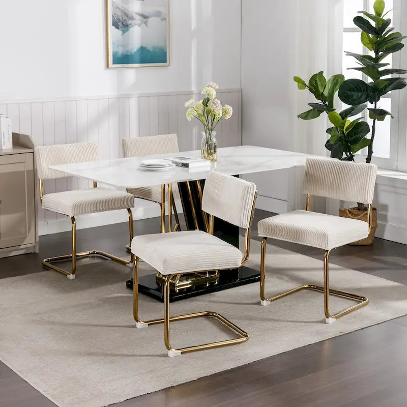Chaises de salle à manger modernes avec piètement métallique doré, chaises de cuisine d'appoint sans accoudoirs avec capitonnage à canaux, ensemble de 2