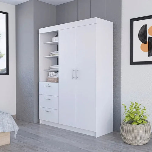 Kenya 3-Drawer Armoire with 3 Upper Shelves, 2 Hangers, Metal Handles, White - N/A