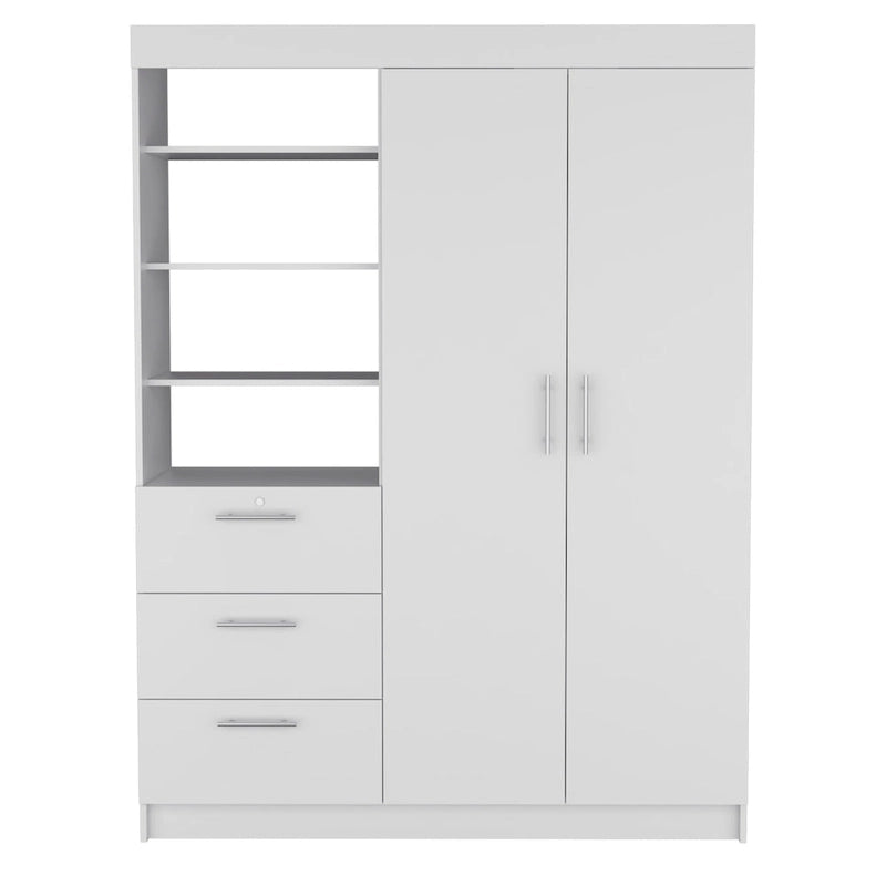 Schrank mit 3 Schubladen, 3 oberen Regalböden, 2 Kleiderstangen, Metallgriffen, Weiß