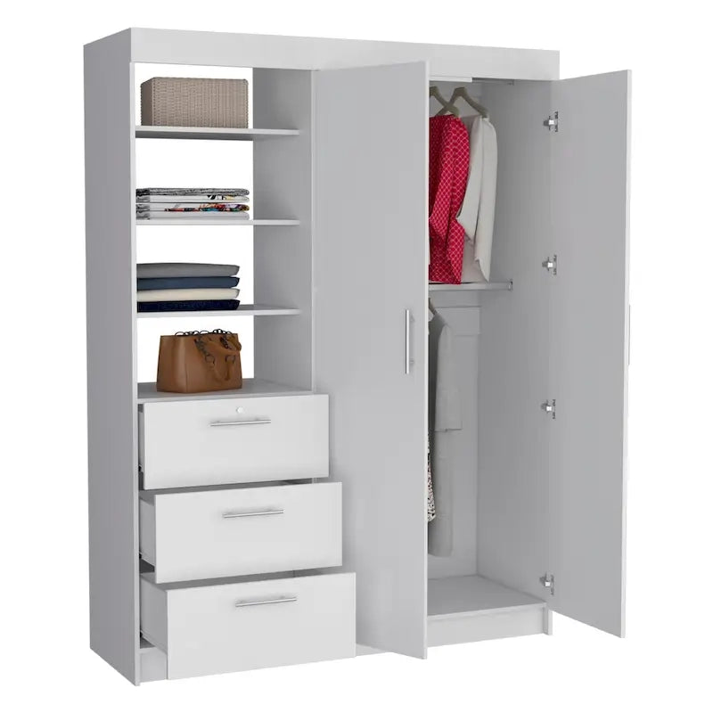 Schrank mit 3 Schubladen, 3 oberen Regalböden, 2 Kleiderstangen, Metallgriffen, Weiß