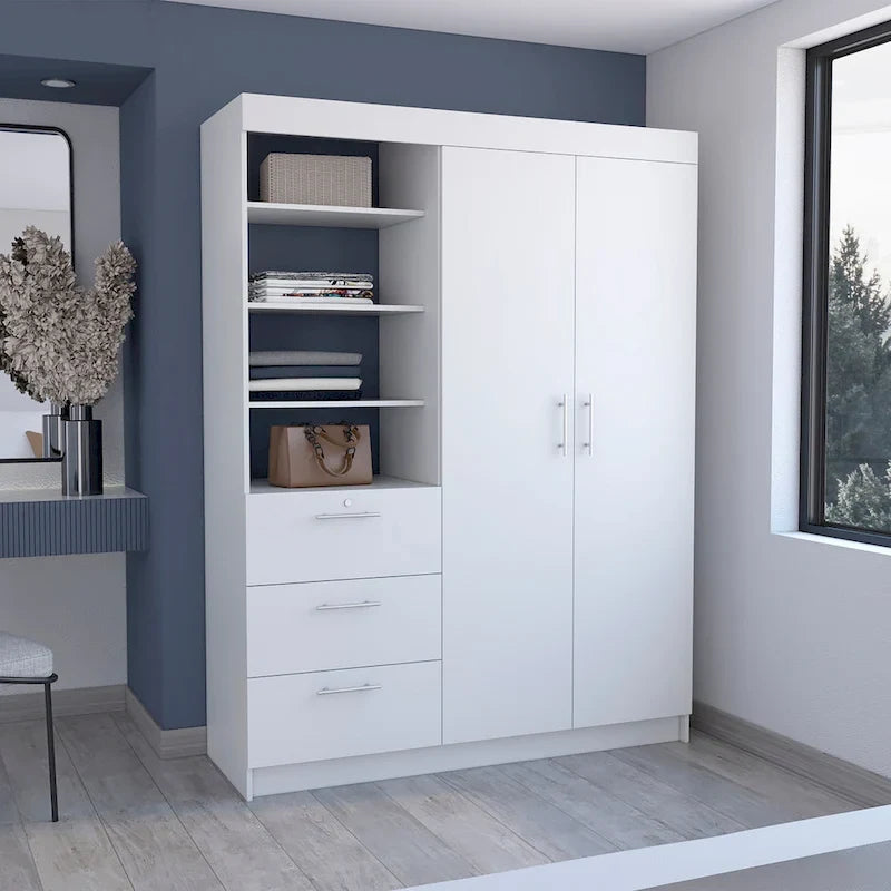 Schrank mit 3 Schubladen, 3 oberen Regalböden, 2 Kleiderstangen, Metallgriffen, Weiß