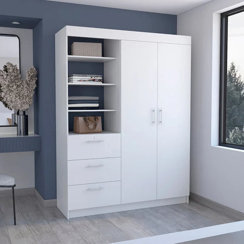 3-Drawer Armoire with 3 Upper Shelves, 2 Hangers, Metal Handles, White