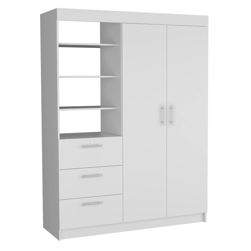 Schrank mit 3 Schubladen, 3 oberen Regalböden, 2 Kleiderstangen, Metallgriffen, Weiß