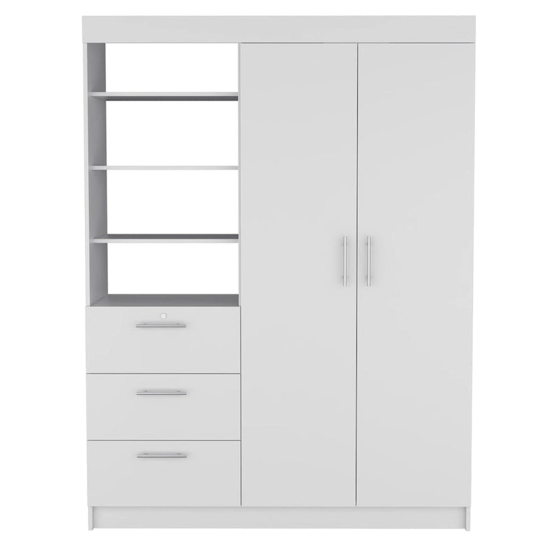 Schrank mit 3 Schubladen, 3 oberen Regalböden, 2 Kleiderstangen, Metallgriffen, Weiß