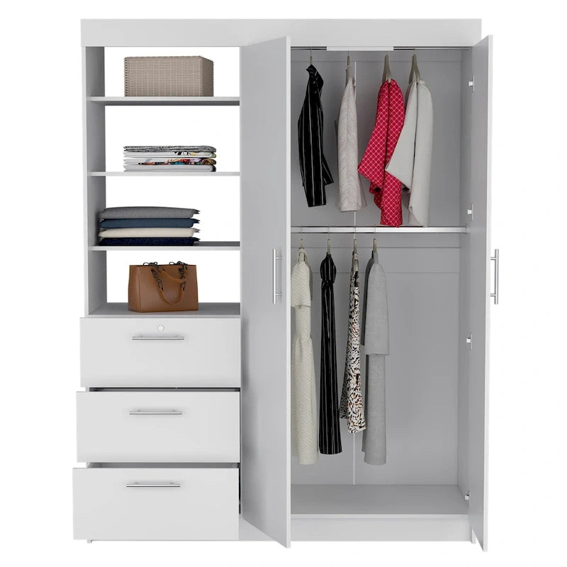 Schrank mit 3 Schubladen, 3 oberen Regalböden, 2 Kleiderstangen, Metallgriffen, Weiß