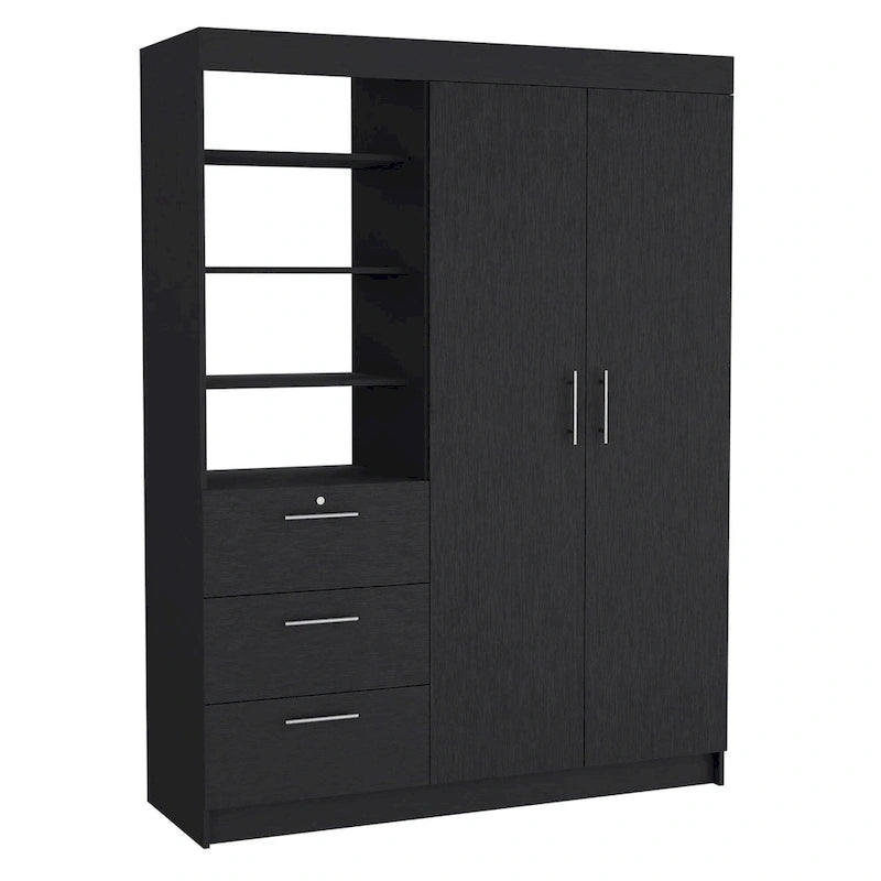 Schrank mit 3 Schubladen, 3 oberen Regalböden, 2 Kleiderstangen, Metallgriffen, Weiß
