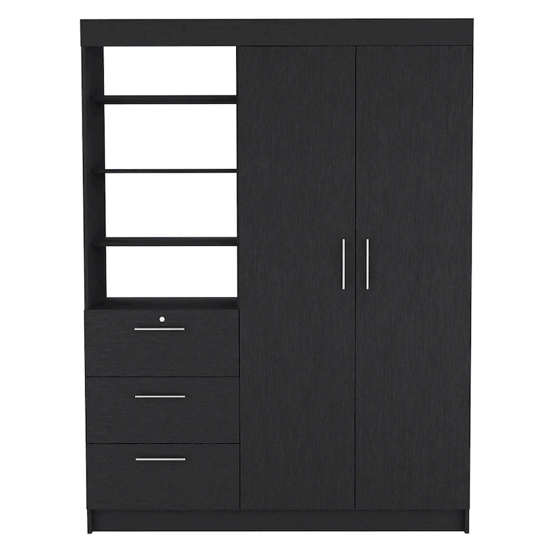 Schrank mit 3 Schubladen, 3 oberen Regalböden, 2 Kleiderstangen, Metallgriffen, Weiß