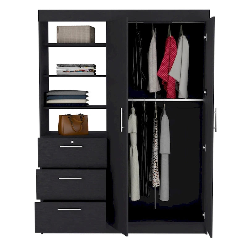 Schrank mit 3 Schubladen, 3 oberen Regalböden, 2 Kleiderstangen, Metallgriffen, Weiß