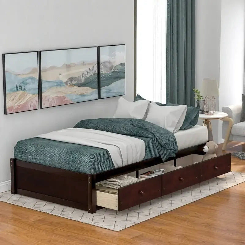 Cadre de lit plateforme en bois massif avec rangements, 3 tiroirs, taille Twin