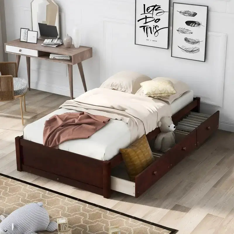 Cadre de lit plateforme en bois massif avec rangements, 3 tiroirs, taille Twin