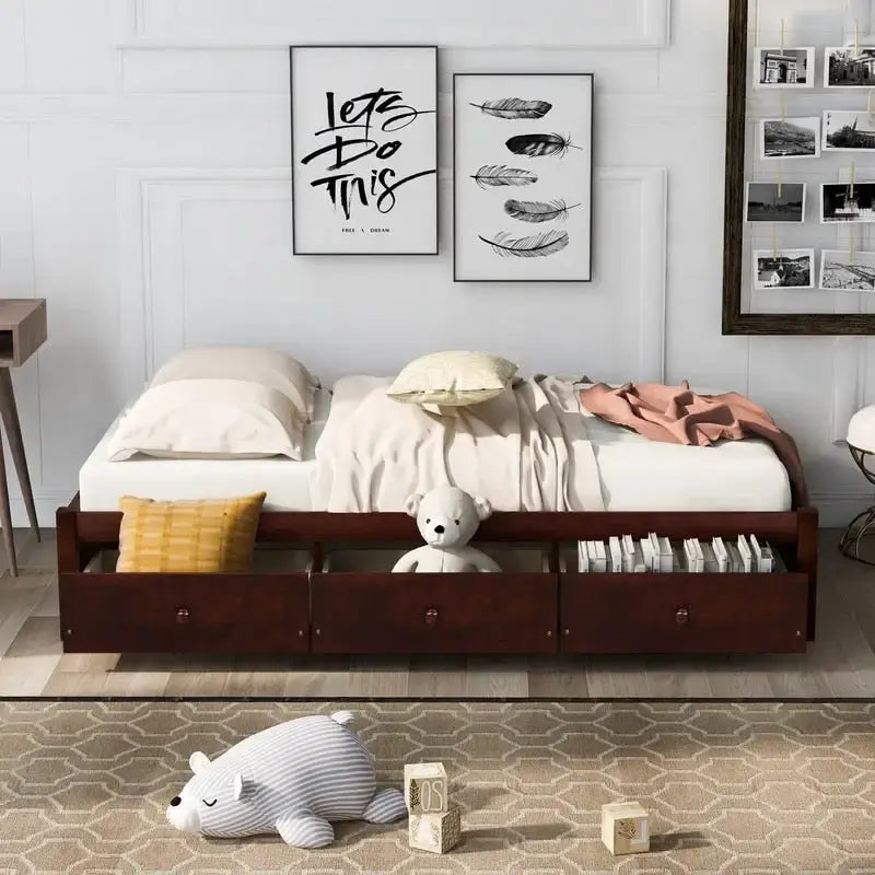 Cadre de lit plateforme en bois massif avec rangements, 3 tiroirs, taille Twin