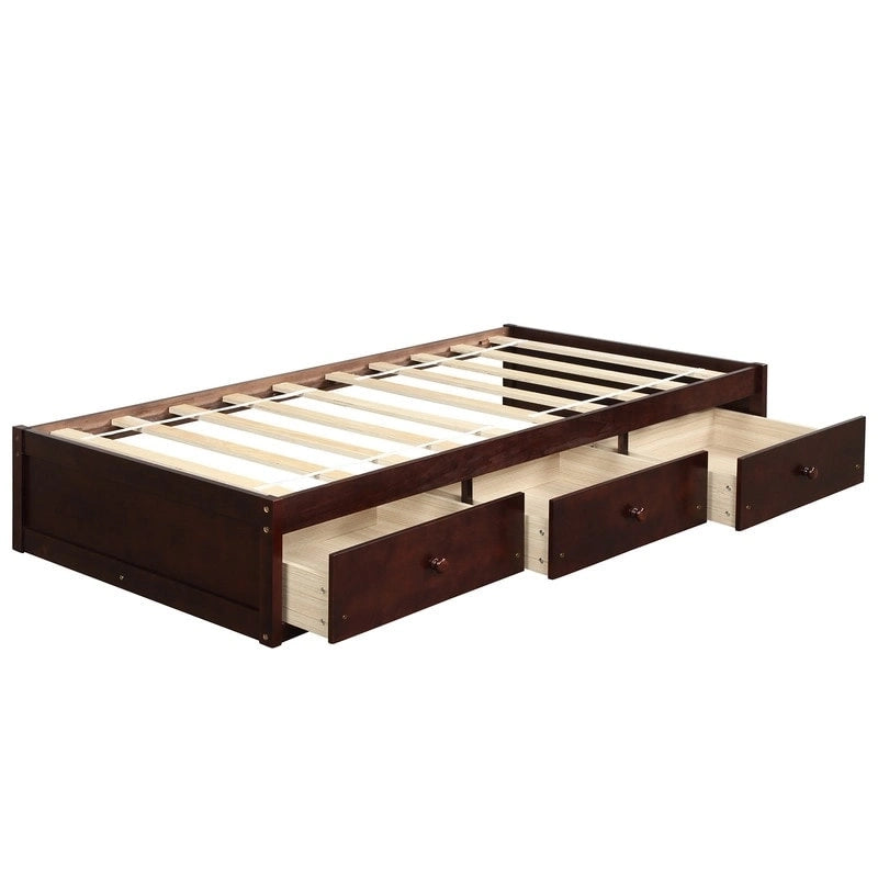 Cadre de lit plateforme en bois massif avec rangements, 3 tiroirs, taille Twin