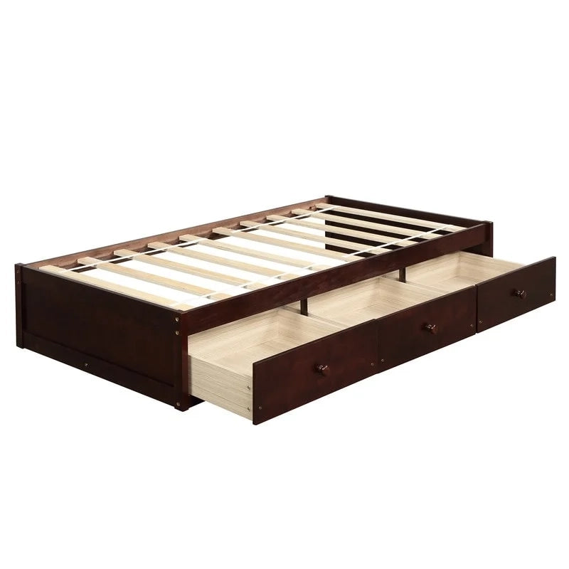 Cadre de lit plateforme en bois massif avec rangements, 3 tiroirs, taille Twin