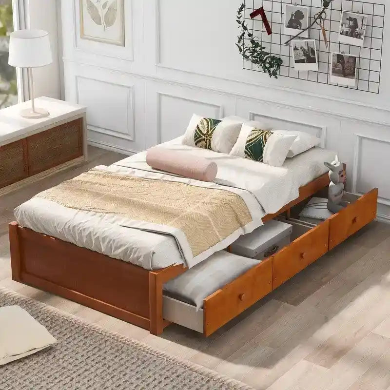 Cadre de lit plateforme en bois massif avec rangements, 3 tiroirs, taille Twin