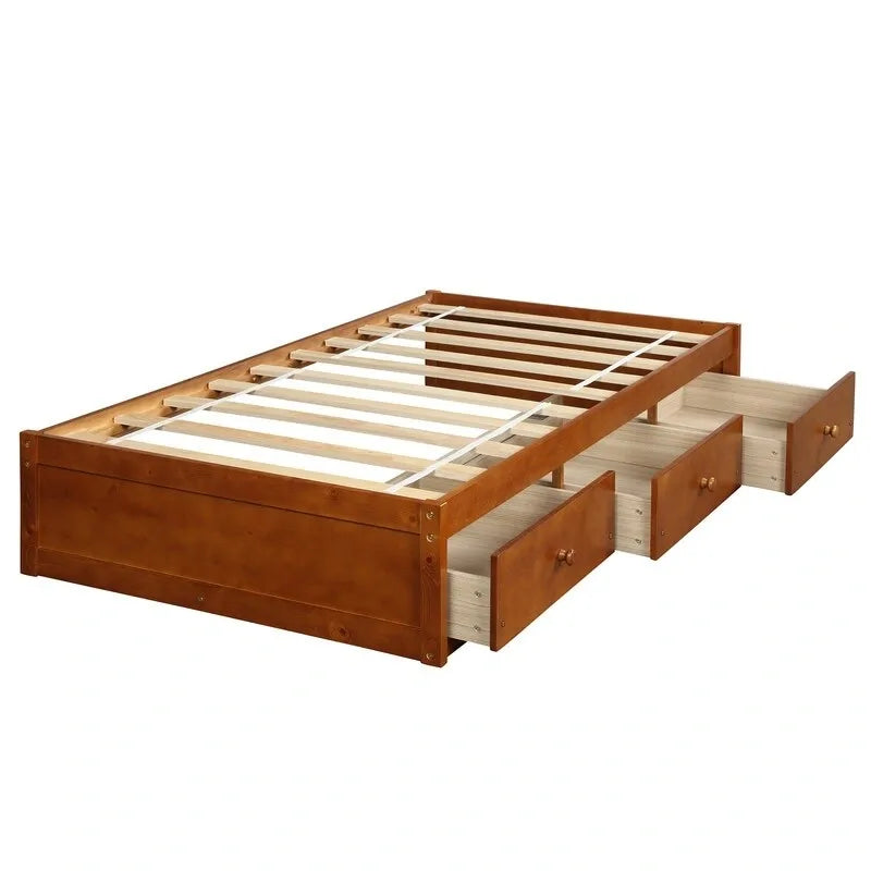 Cadre de lit plateforme en bois massif avec rangements, 3 tiroirs, taille Twin