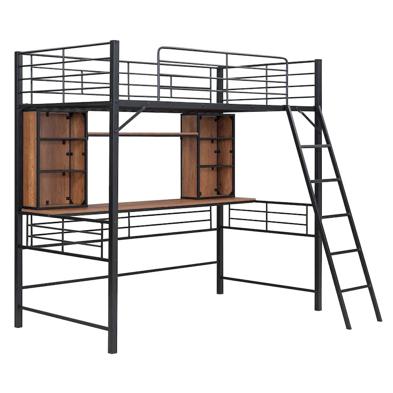 Hochbett in Twin-Größe mit Schreibtisch und Regal, Hochbett mit Leiter, Twin, Schwarz