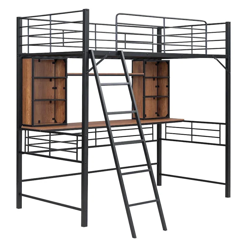 Hochbett in Twin-Größe mit Schreibtisch und Regal, Hochbett mit Leiter, Twin, Schwarz