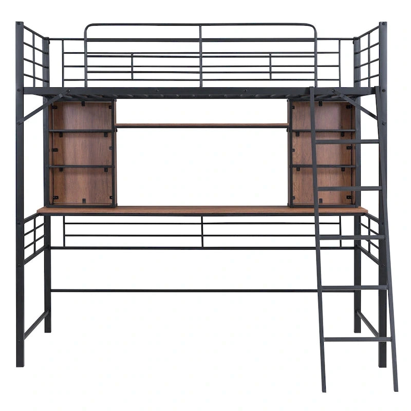 Hochbett in Twin-Größe mit Schreibtisch und Regal, Hochbett mit Leiter, Twin, Schwarz
