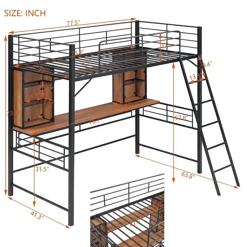 Hochbett in Twin-Größe mit Schreibtisch und Regal, Hochbett mit Leiter, Twin, Schwarz