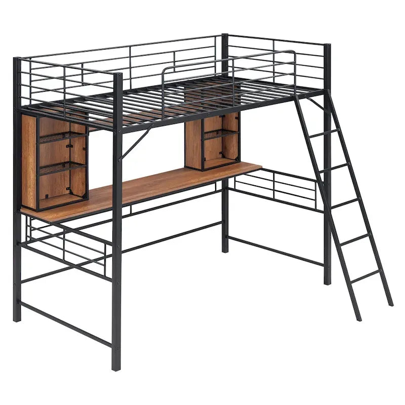 Hochbett in Twin-Größe mit Schreibtisch und Regal, Hochbett mit Leiter, Twin, Schwarz
