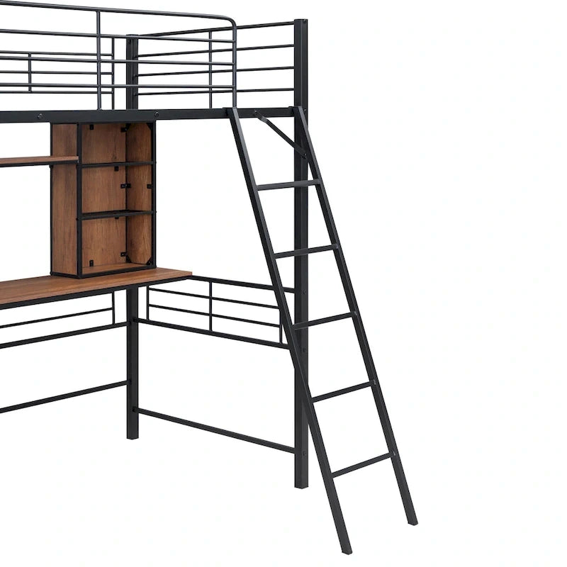 Hochbett in Twin-Größe mit Schreibtisch und Regal, Hochbett mit Leiter, Twin, Schwarz