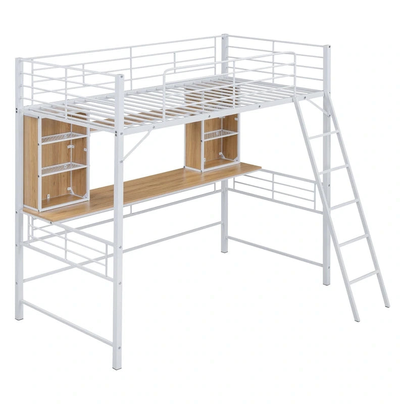 Hochbett in Twin-Größe mit Schreibtisch und Regal, Hochbett mit Leiter, Twin, Schwarz