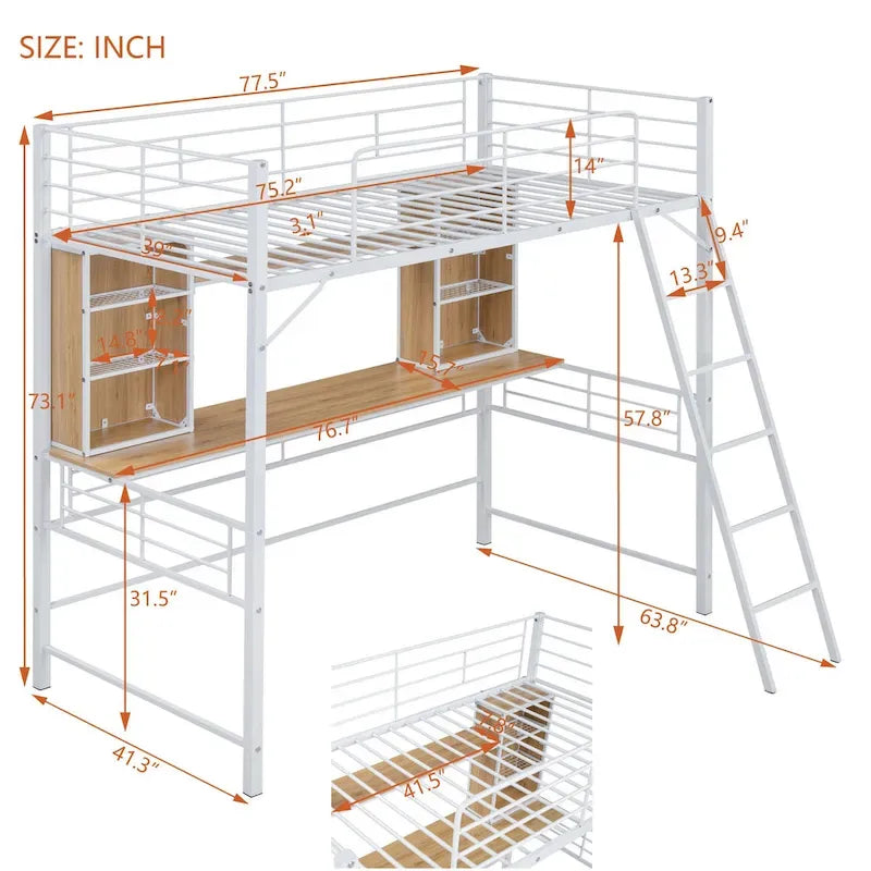 Hochbett in Twin-Größe mit Schreibtisch und Regal, Hochbett mit Leiter, Twin, Schwarz