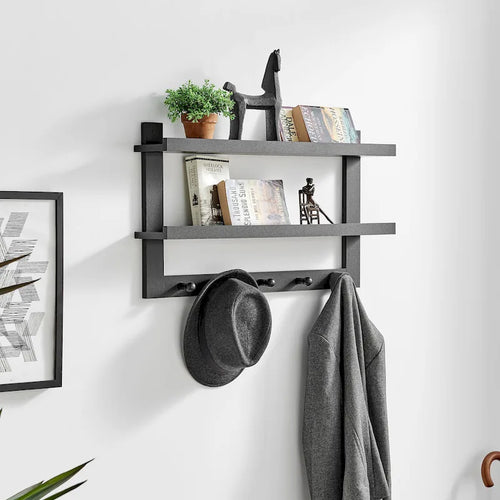 2-Tier Wall Shelf with 5 Hanging Hooks - Entryway or Bathroom