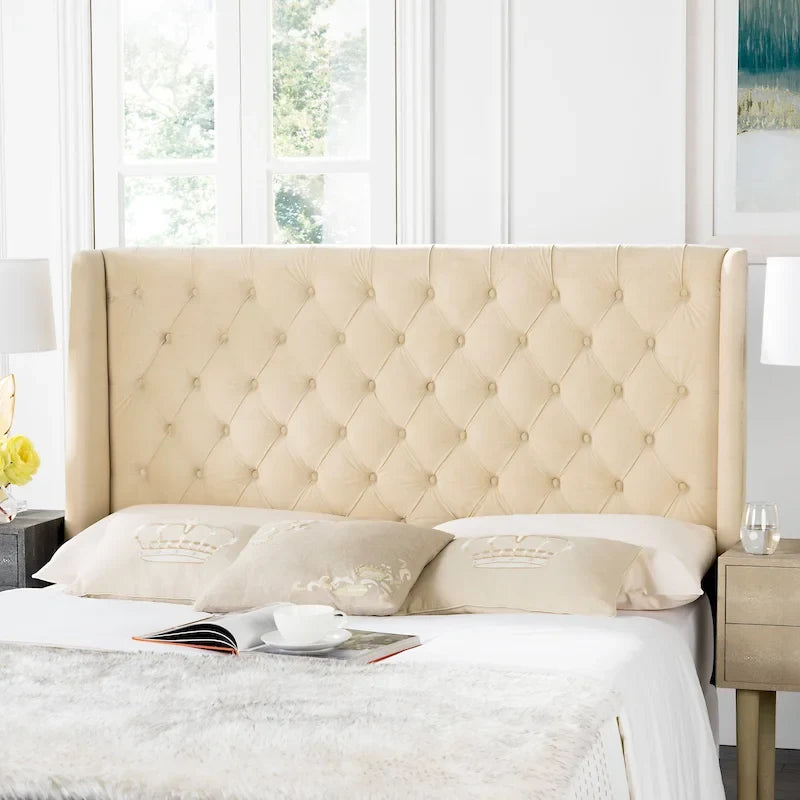 Taupe Linen Upholstered Tufted Wingback Headboard (Full)