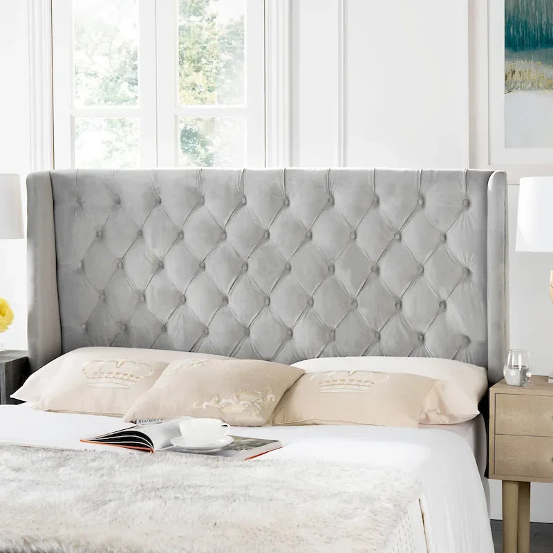 Taupe Linen Upholstered Tufted Wingback Headboard (Full)