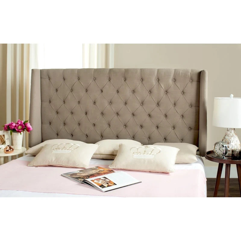 Taupe Linen Upholstered Tufted Wingback Headboard (Full)