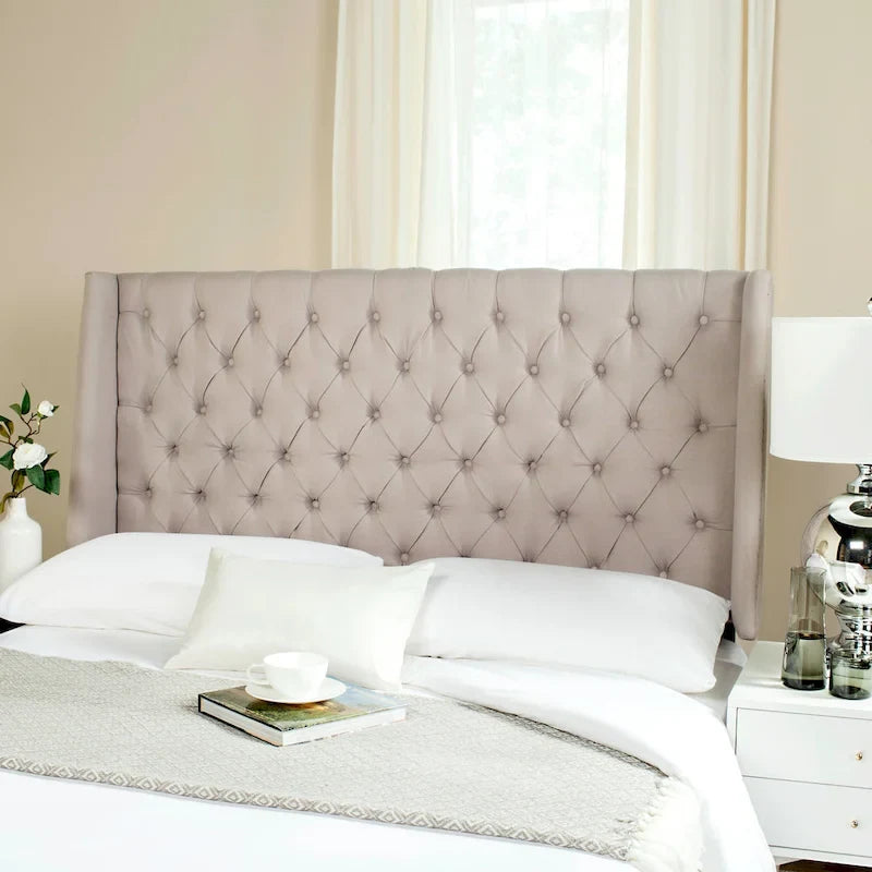 SAFAVIEH Shandra Taupe Linen Upholstered Tufted Wingback Headboard (Full)