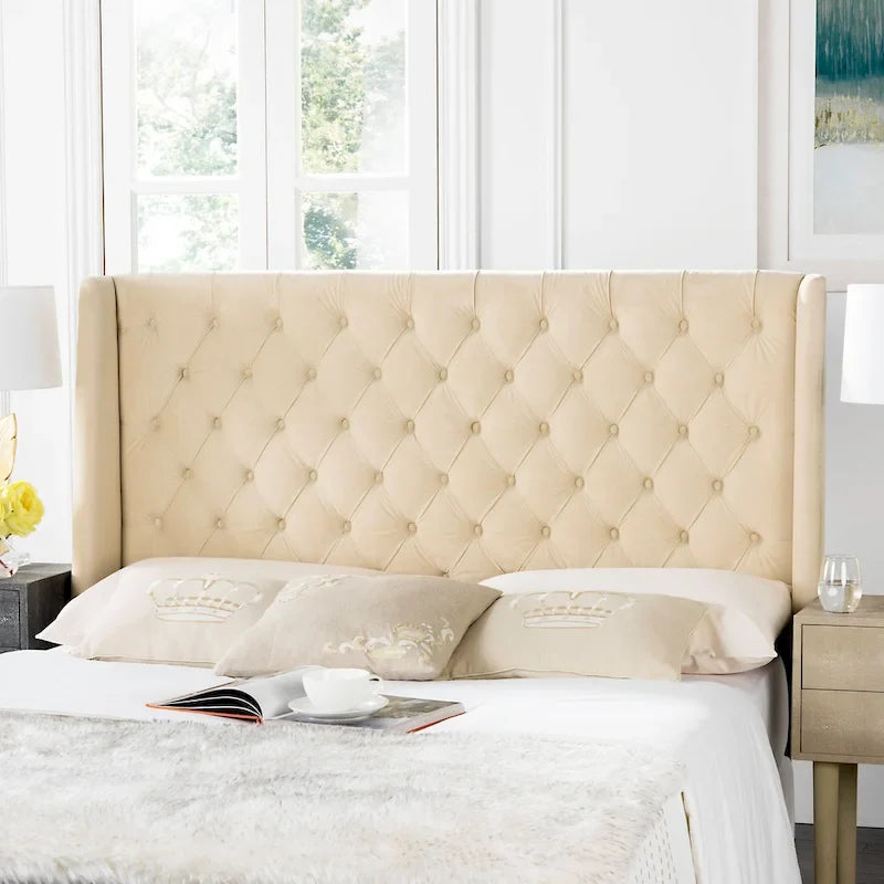 Getuftetes Wingback-Kopfteil aus taupefarbenem Leinen (Doppelbett)
