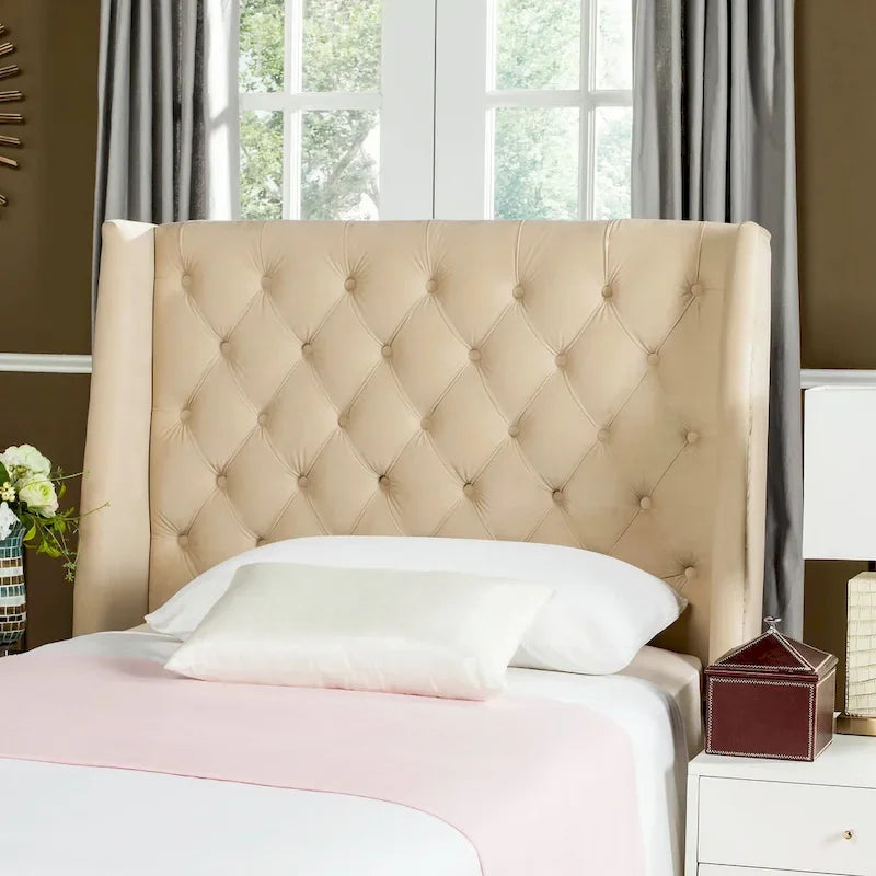 Getuftetes Wingback-Kopfteil aus taupefarbenem Leinen (Doppelbett)