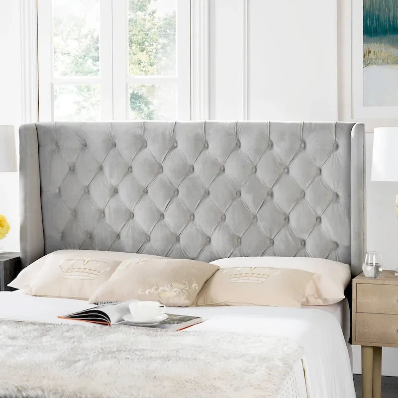 Getuftetes Wingback-Kopfteil aus taupefarbenem Leinen (Doppelbett)