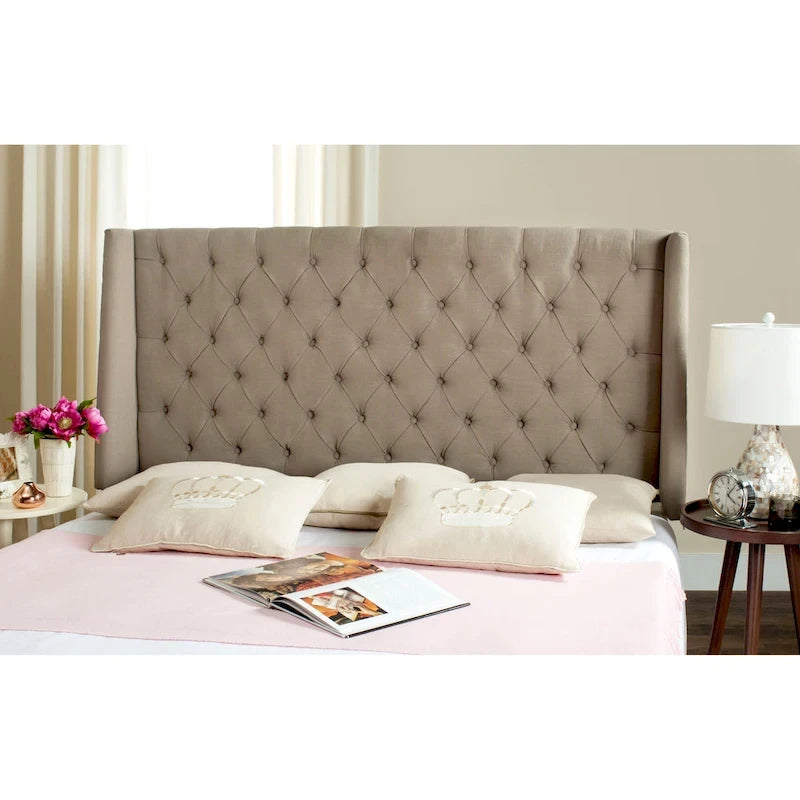 Getuftetes Wingback-Kopfteil aus taupefarbenem Leinen (Doppelbett)