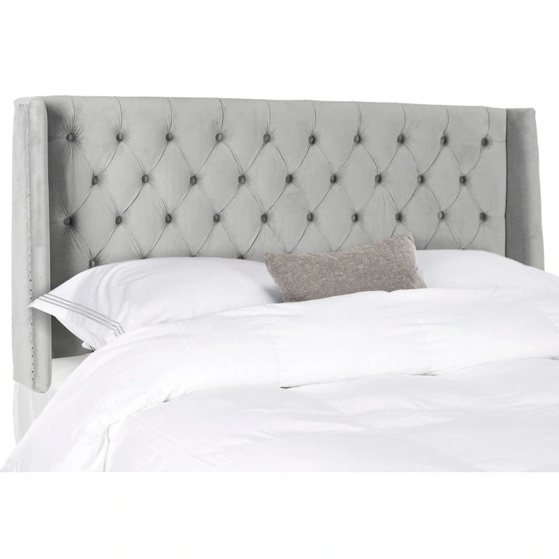 Getuftetes Wingback-Kopfteil aus taupefarbenem Leinen (Doppelbett)