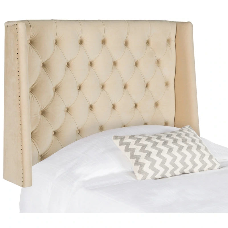 Getuftetes Wingback-Kopfteil aus taupefarbenem Leinen (Doppelbett)