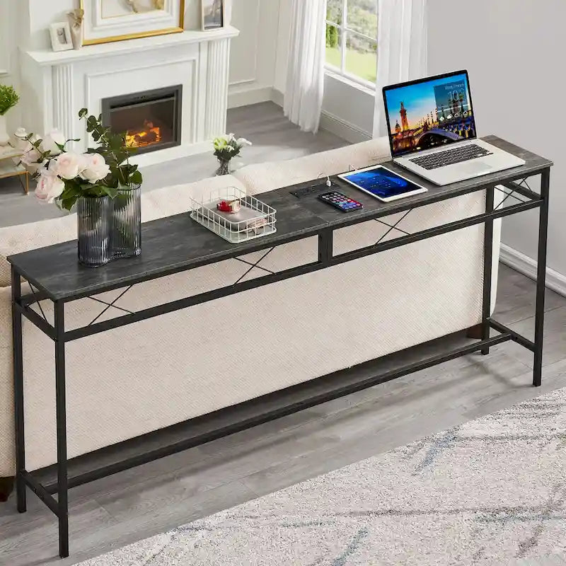 VECELO Industrial Rectangular Wood Console Table with AC Power and USB Charging Ports
