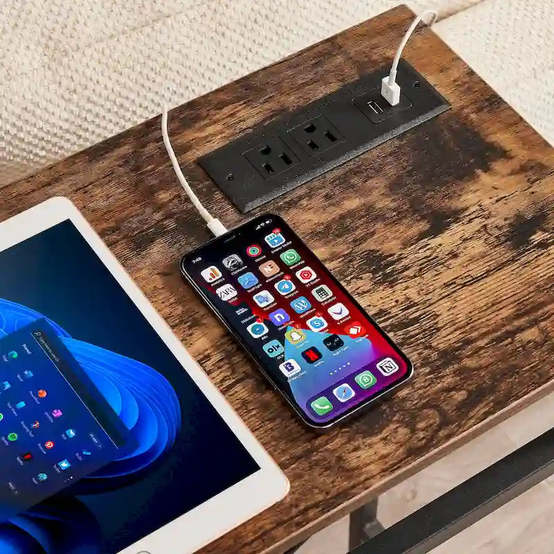 Console rectangulaire en bois de style industriel avec prises d’alimentation secteur et ports de recharge USB