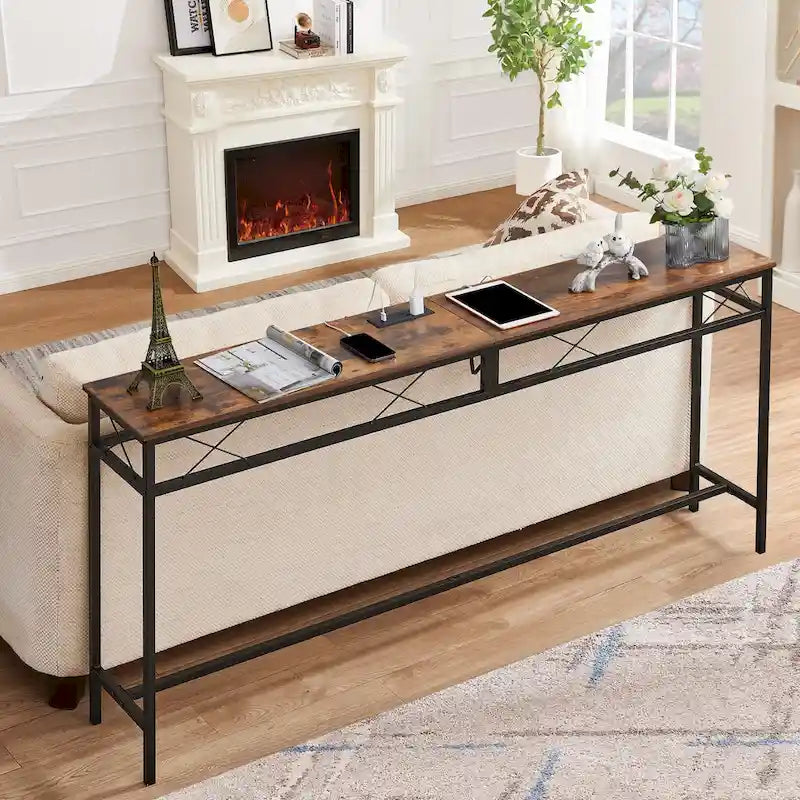 Console rectangulaire en bois de style industriel avec prises d’alimentation secteur et ports de recharge USB
