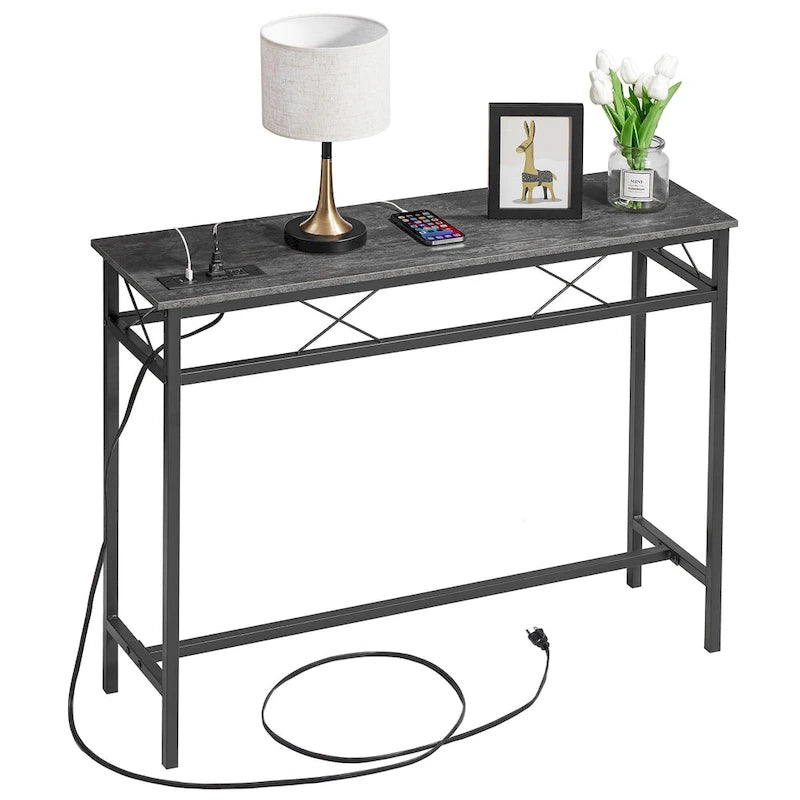 Console rectangulaire en bois de style industriel avec prises d’alimentation secteur et ports de recharge USB