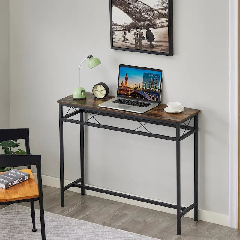 Console rectangulaire en bois de style industriel avec prises d’alimentation secteur et ports de recharge USB