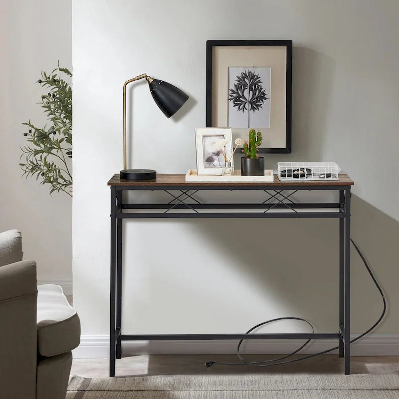 Console rectangulaire en bois de style industriel avec prises d’alimentation secteur et ports de recharge USB