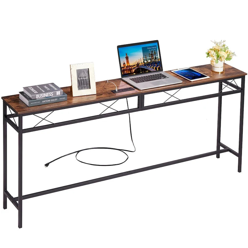 Console rectangulaire en bois de style industriel avec prises d’alimentation secteur et ports de recharge USB
