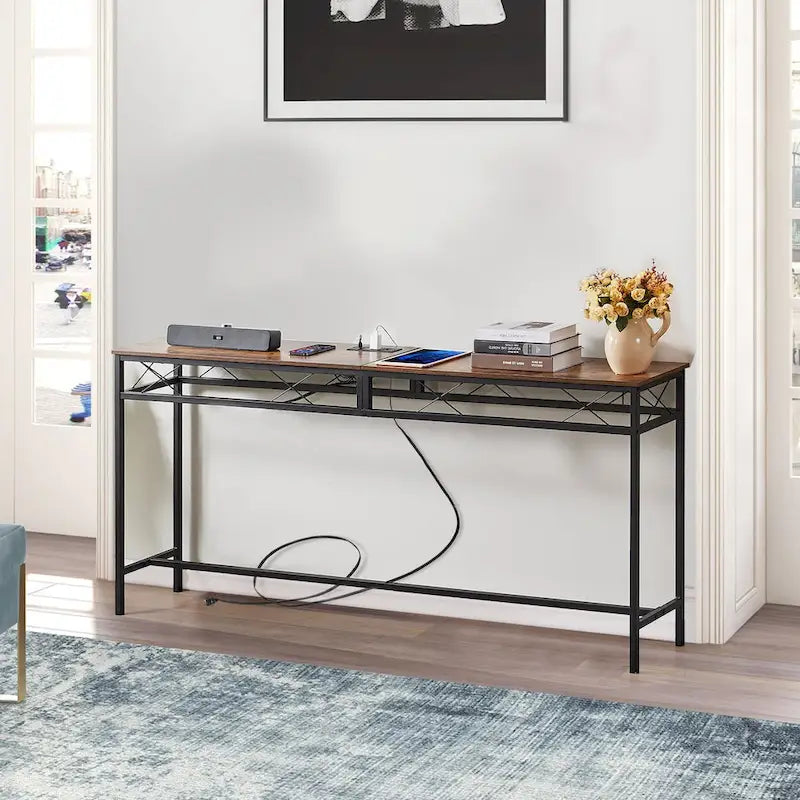 Console rectangulaire en bois de style industriel avec prises d’alimentation secteur et ports de recharge USB