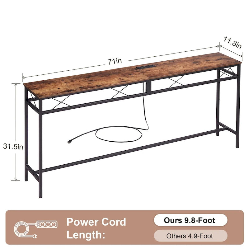 Console rectangulaire en bois de style industriel avec prises d’alimentation secteur et ports de recharge USB