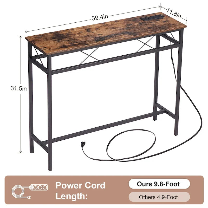 Console rectangulaire en bois de style industriel avec prises d’alimentation secteur et ports de recharge USB