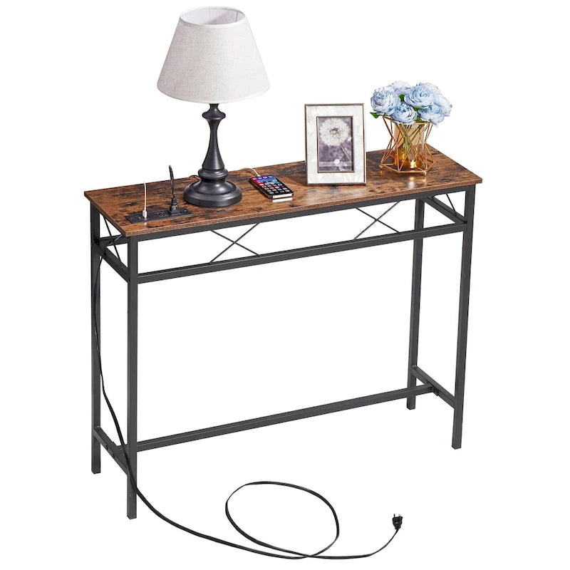 Console rectangulaire en bois de style industriel avec prises d’alimentation secteur et ports de recharge USB