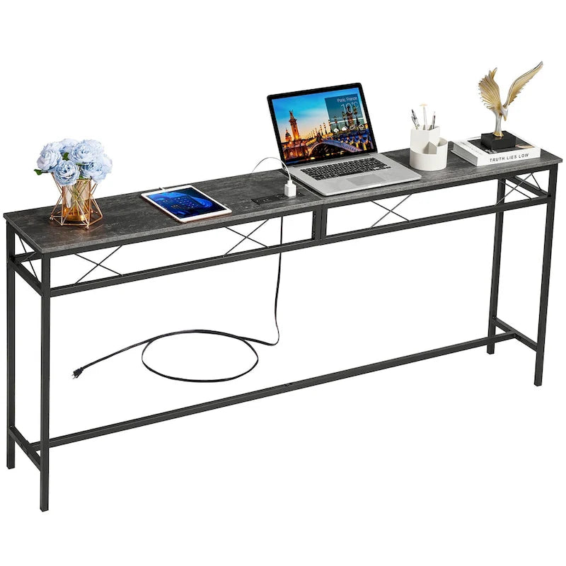 Console rectangulaire en bois de style industriel avec prises d’alimentation secteur et ports de recharge USB